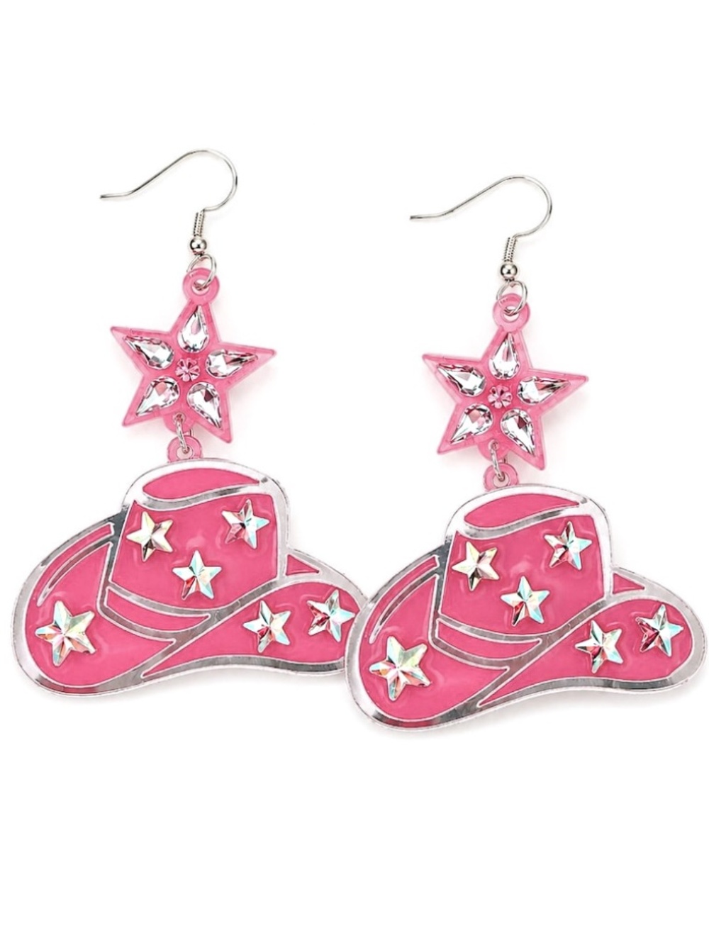 Glam Pink Star Rhinestone Cowgirl Hat Earrings Western Statement Earrings